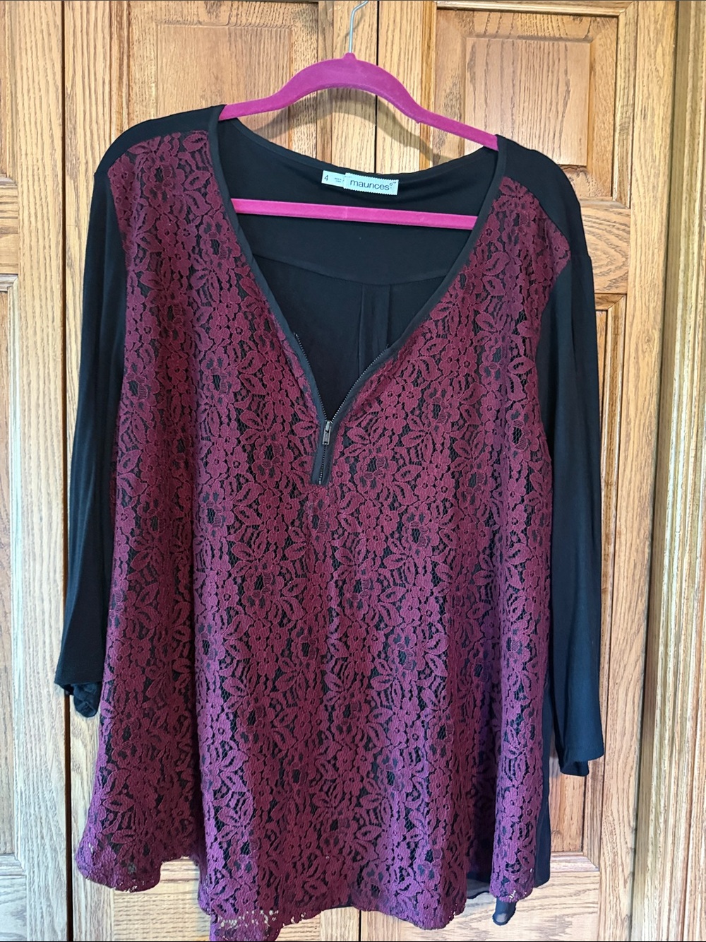Maurices Burgundy Lace Front Zip Top with Black Sleeves
